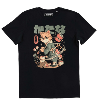 Sushi Slayer Cat T-Shirt - Japanese Graphic T-Shirt black